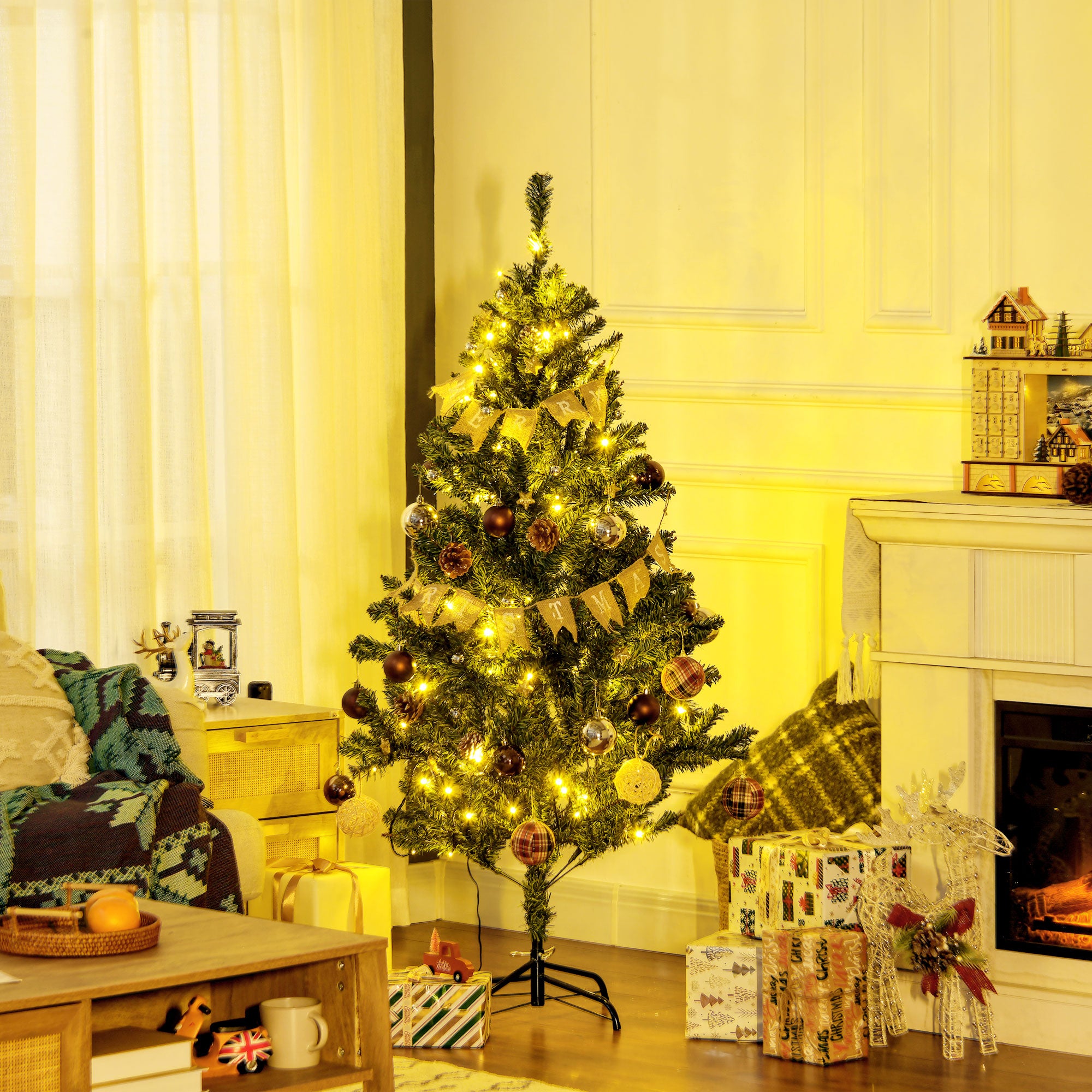 Homcom 5ft Pre Lit Artificial Christmas Tree Holiday Décor med 100 varme hvide LED -lys og 472 tip, banner, bold, tag, trædekoration, auto åben - Image 2