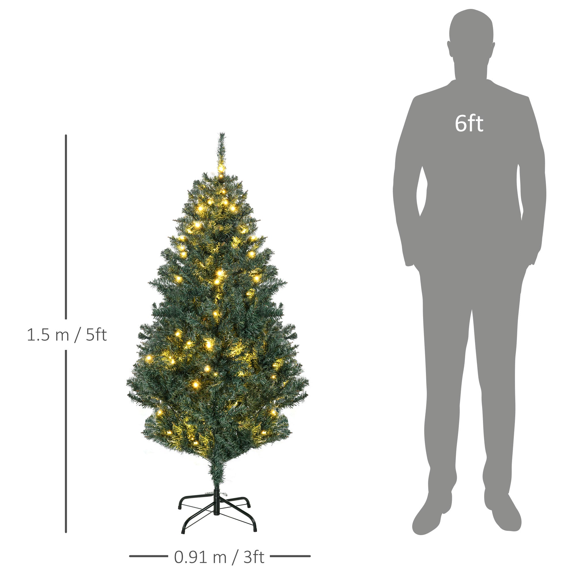 Homcom 5ft Pre Lit Artificial Christmas Tree Holiday Décor med 100 varme hvide LED -lys og 472 tip, banner, bold, tag, trædekoration, auto åben - Image 3