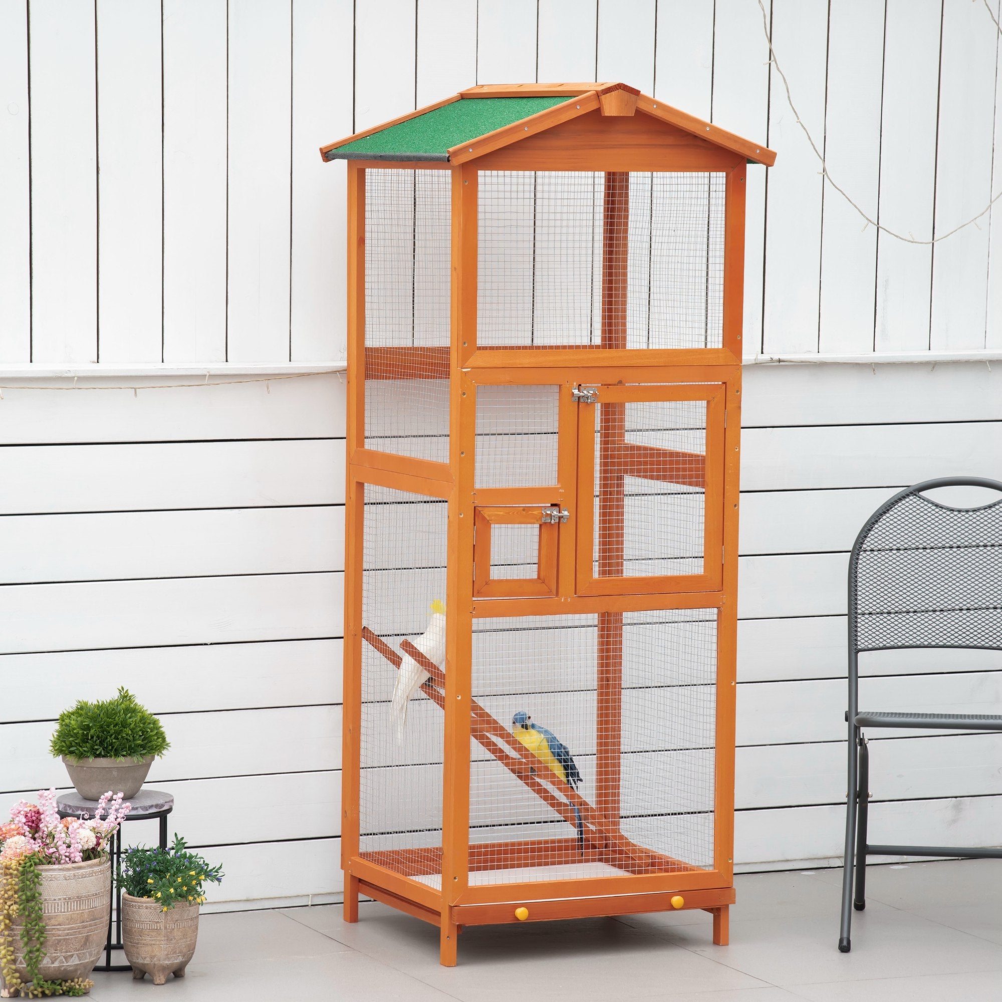 Pawhut Wood Bird Cage Outdoor Aviary til finker m/ aftagelig bakke - Orange Levere - Image 3