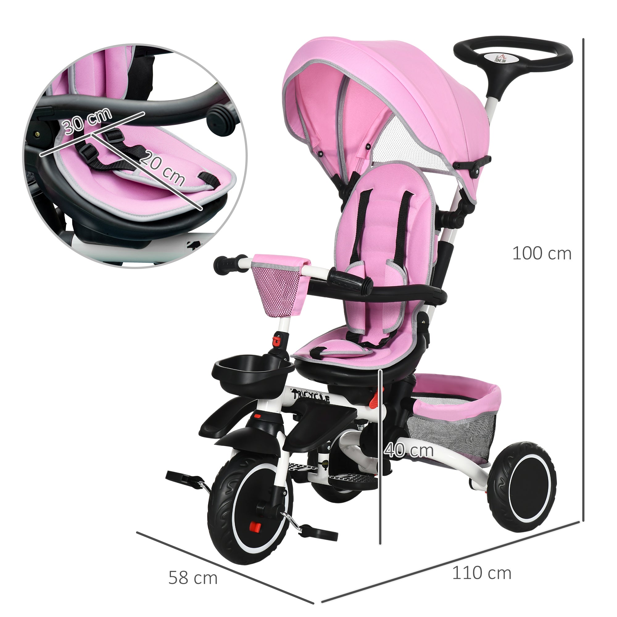 Homcom Baby Tricycle 7in1 klapvogn med håndtag - lyserød - Image 3
