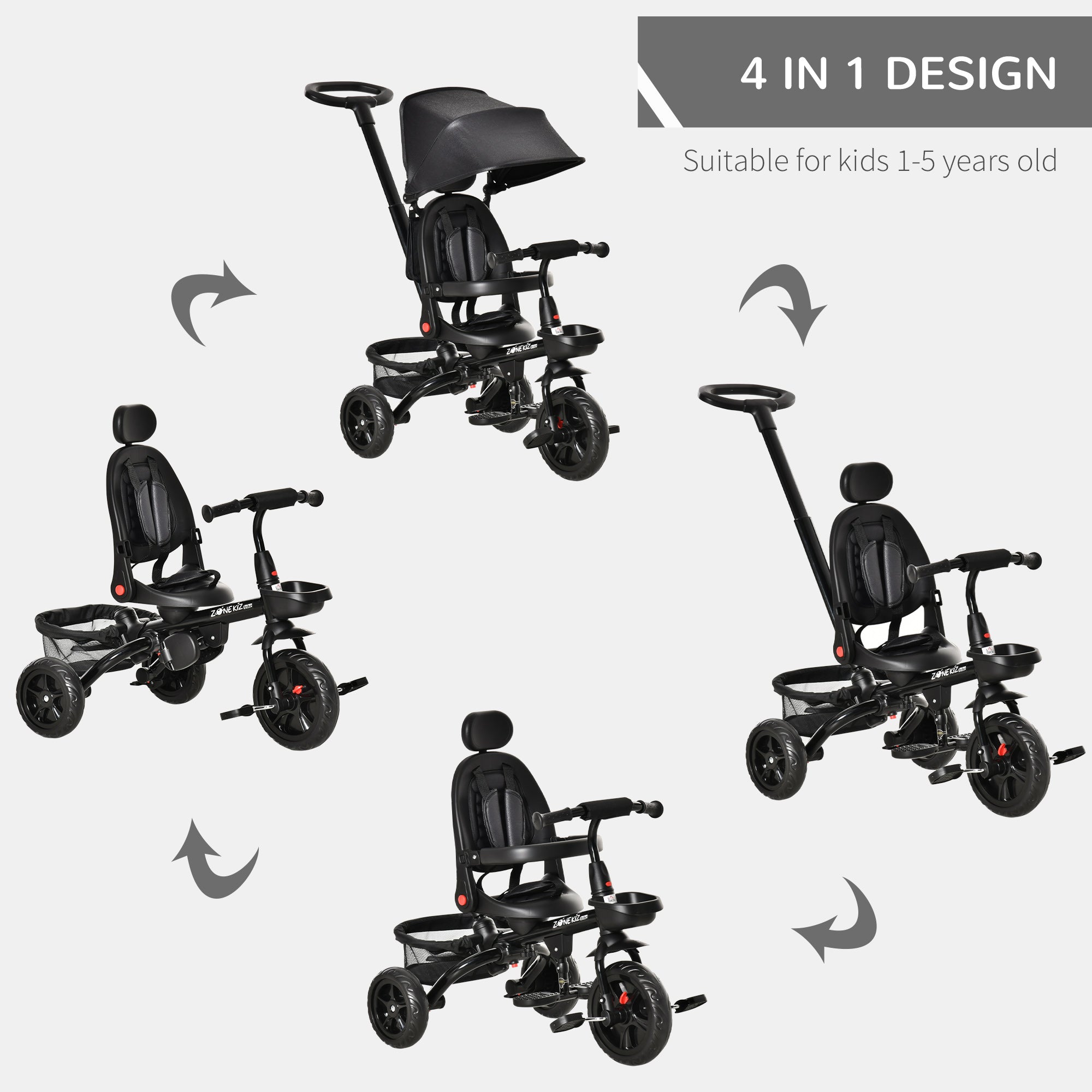 Baby trehjuling 4in1 klapvogn med håndtag - sort - Image 3