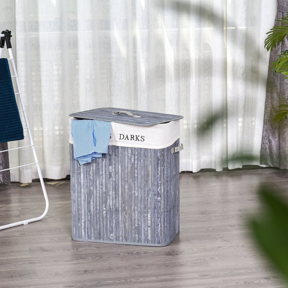 Sammenklappelig bambusvaskeri Hamper Organizer Tøj vask Basket Bin Opbevaringsboks Aftagelig foring Stor sektion Dobbelt - Image 2
