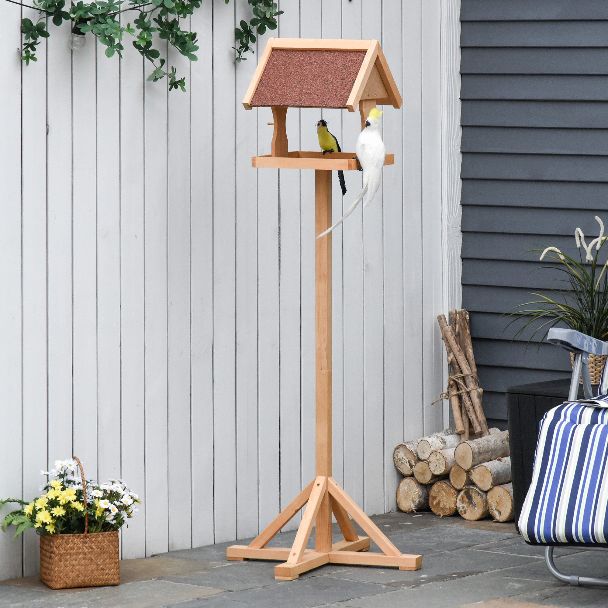 Pawhut Wood Bird Feeder m/ krydsformet støttefødder vejrbestandigt tag - Image 3