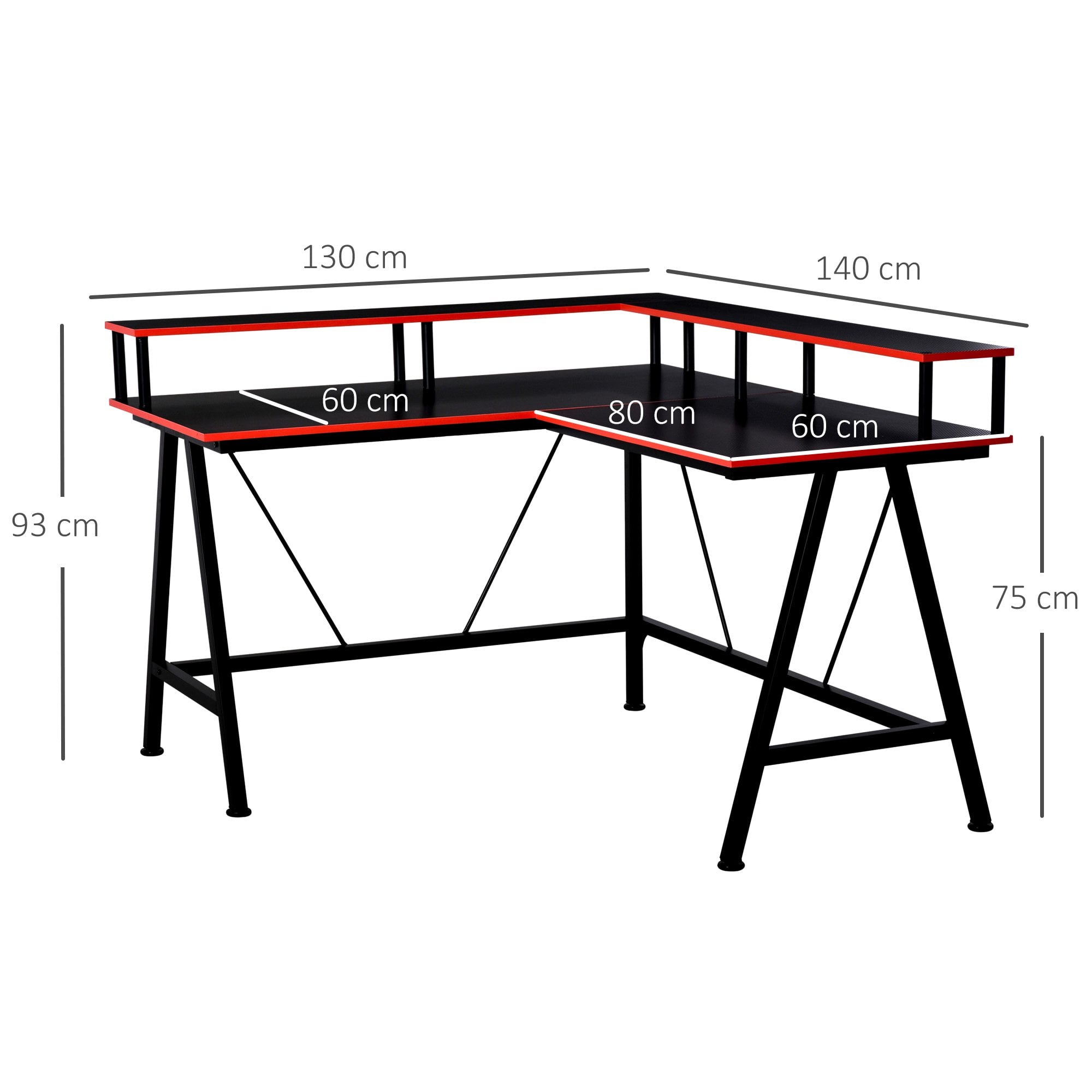 Homcom L-Shape Corner Gaming Desk Computer Table med forhøjet skærmhylde arbejdsstation, sort rød - Image 2