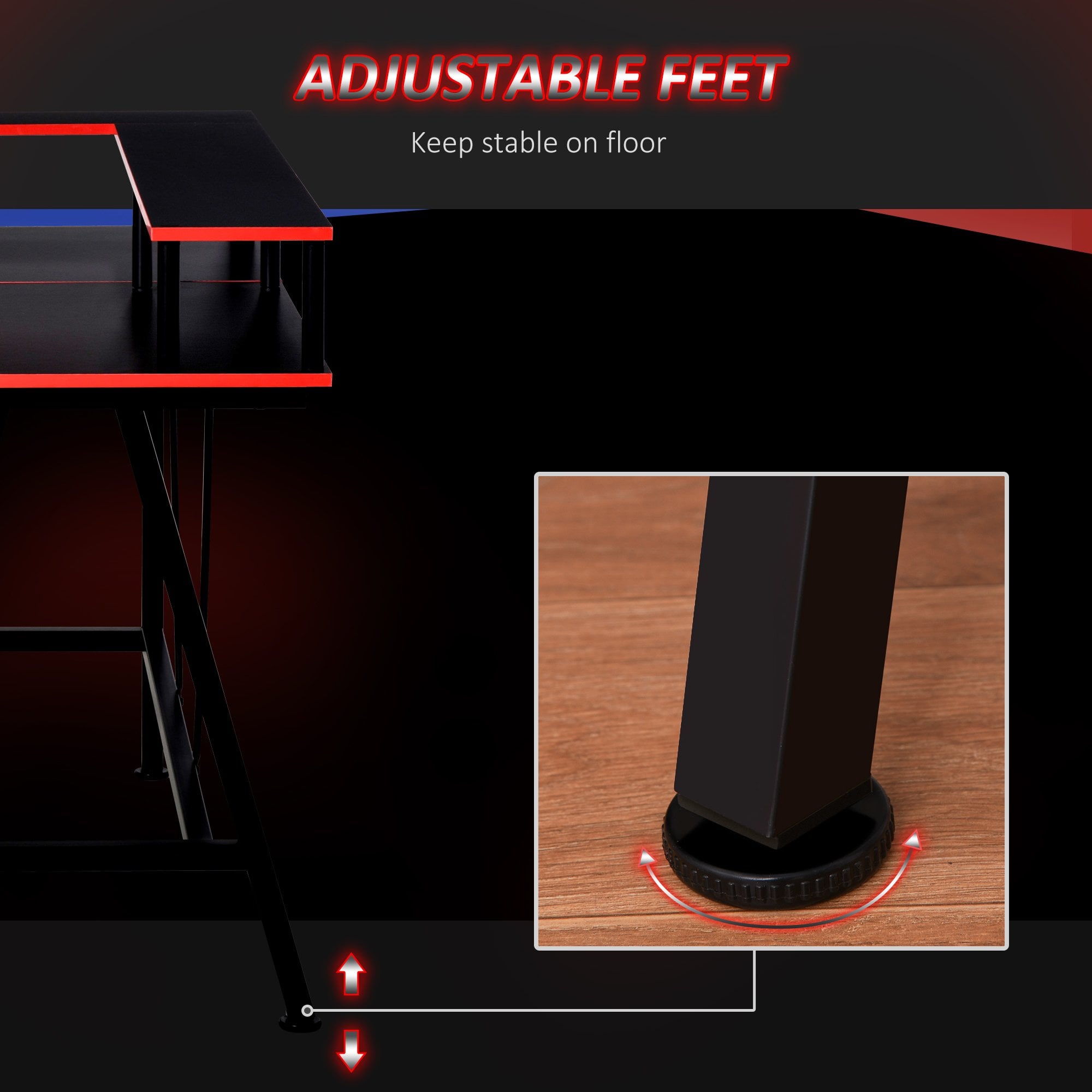 Homcom L-Shape Corner Gaming Desk Computer Table med forhøjet skærmhylde arbejdsstation, sort rød - Image 3