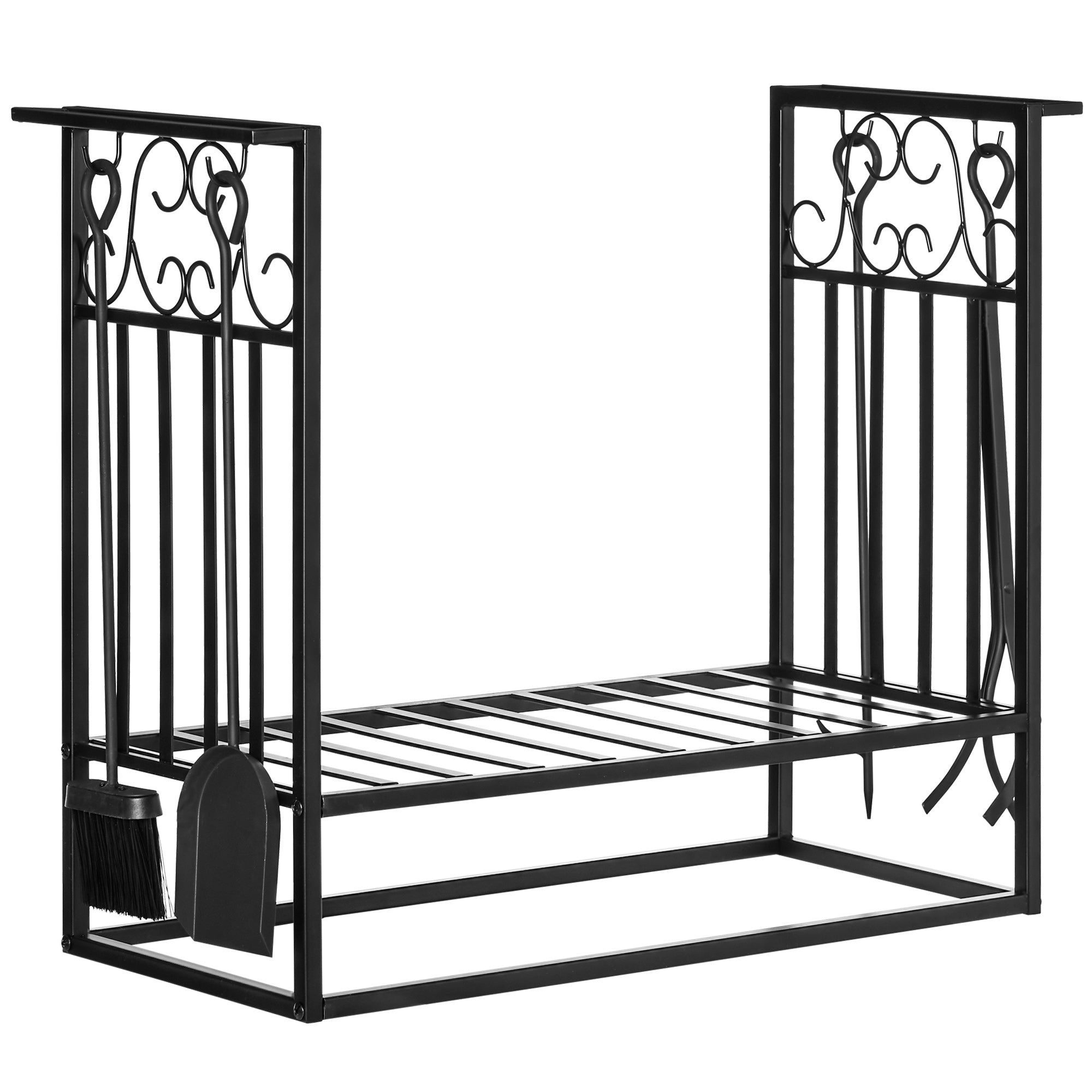 Homcom vintage stil pulver coated stål brænde log rack holder m/ værktøjer sort - Image 2