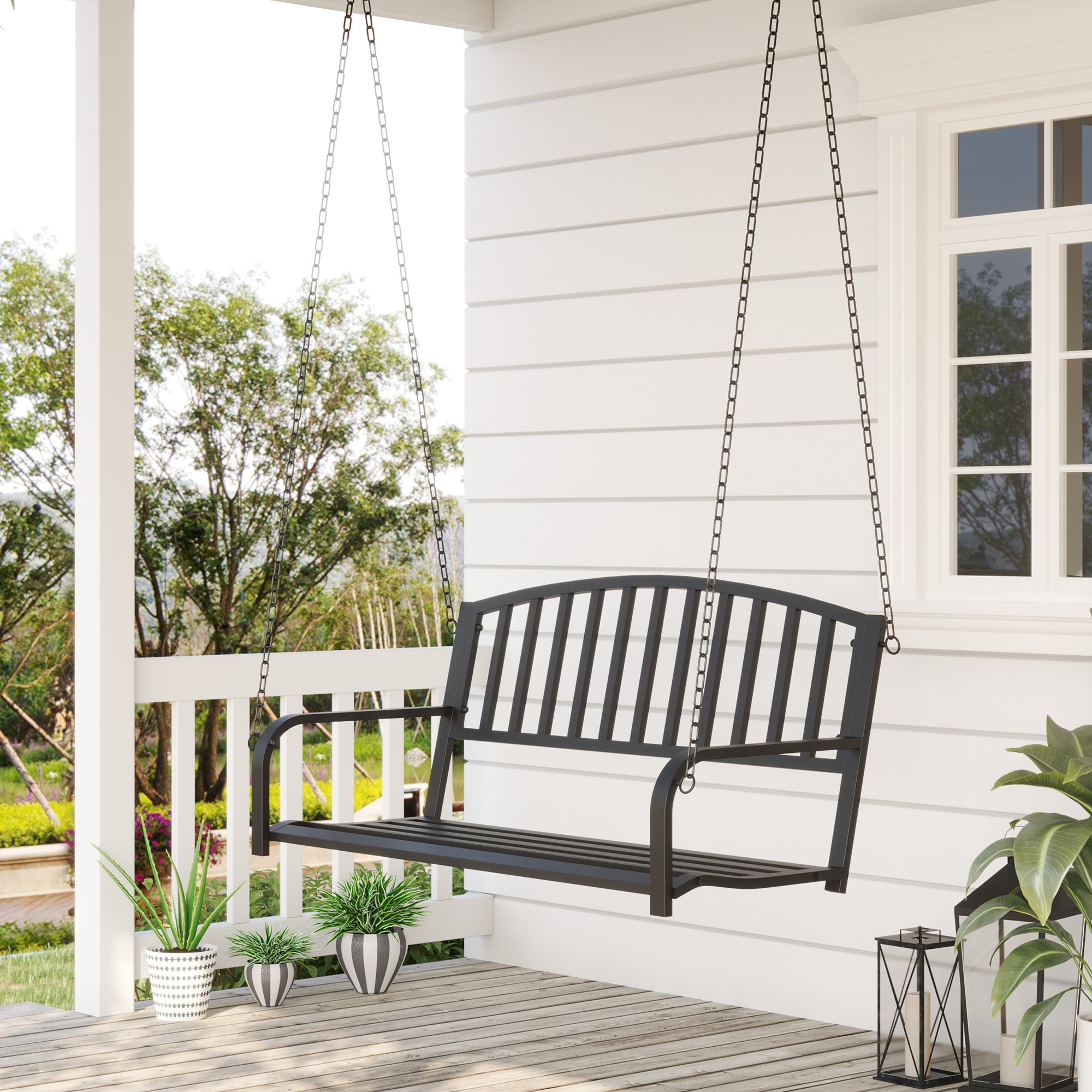Outsunny veranda swing metal 2 person siddepladser tunge sorte vintage møbler - Image 3