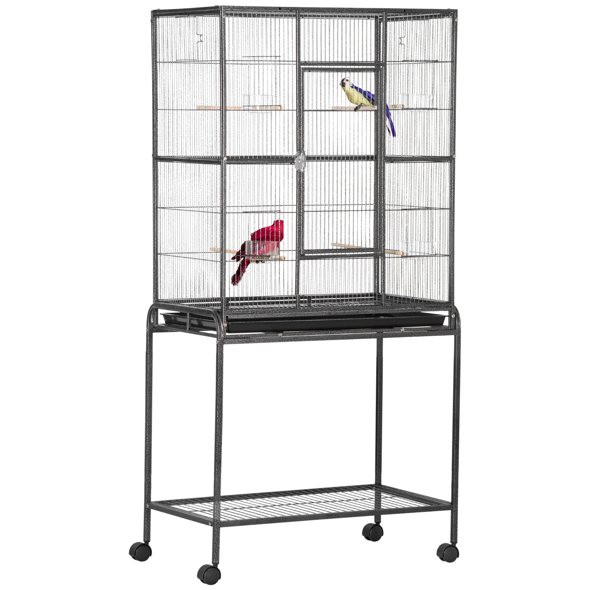 Pawhut Rolling Bird Cage m/ aftagelig Stand Opbevaring Hylde Træ Aborre Food Cup - Image 2