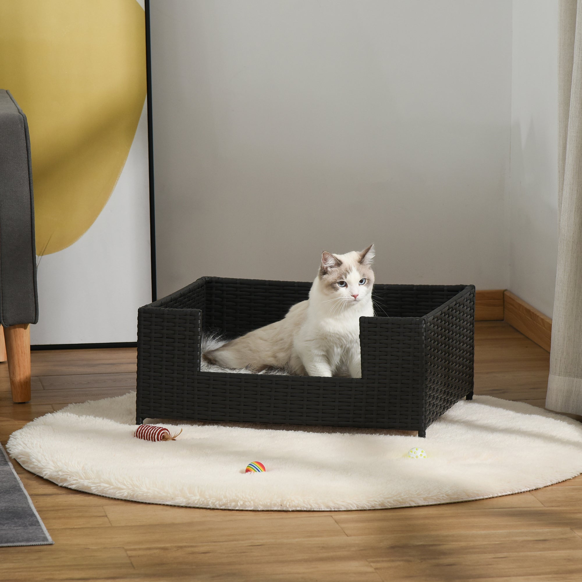 Pawhut rattan hundesofa m/ aftagelig blød pude indendørs udendørs brug - sort - Image 3
