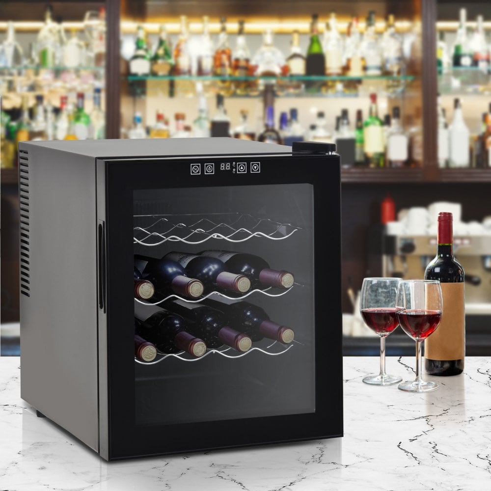 Homcom 16-flaske tempereret glas mini bar køler m/ led lys sort sort - Image 2